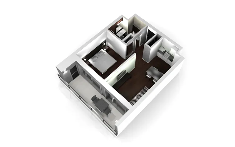 Plano en 3D de la Suite Cllassic del Alvor Baía, que muestra la distribución del espacio, incluyendo el dormitorio con cama de matrimonio, el salón amueblado con cocina americana, el cuarto de baño y el balcón.