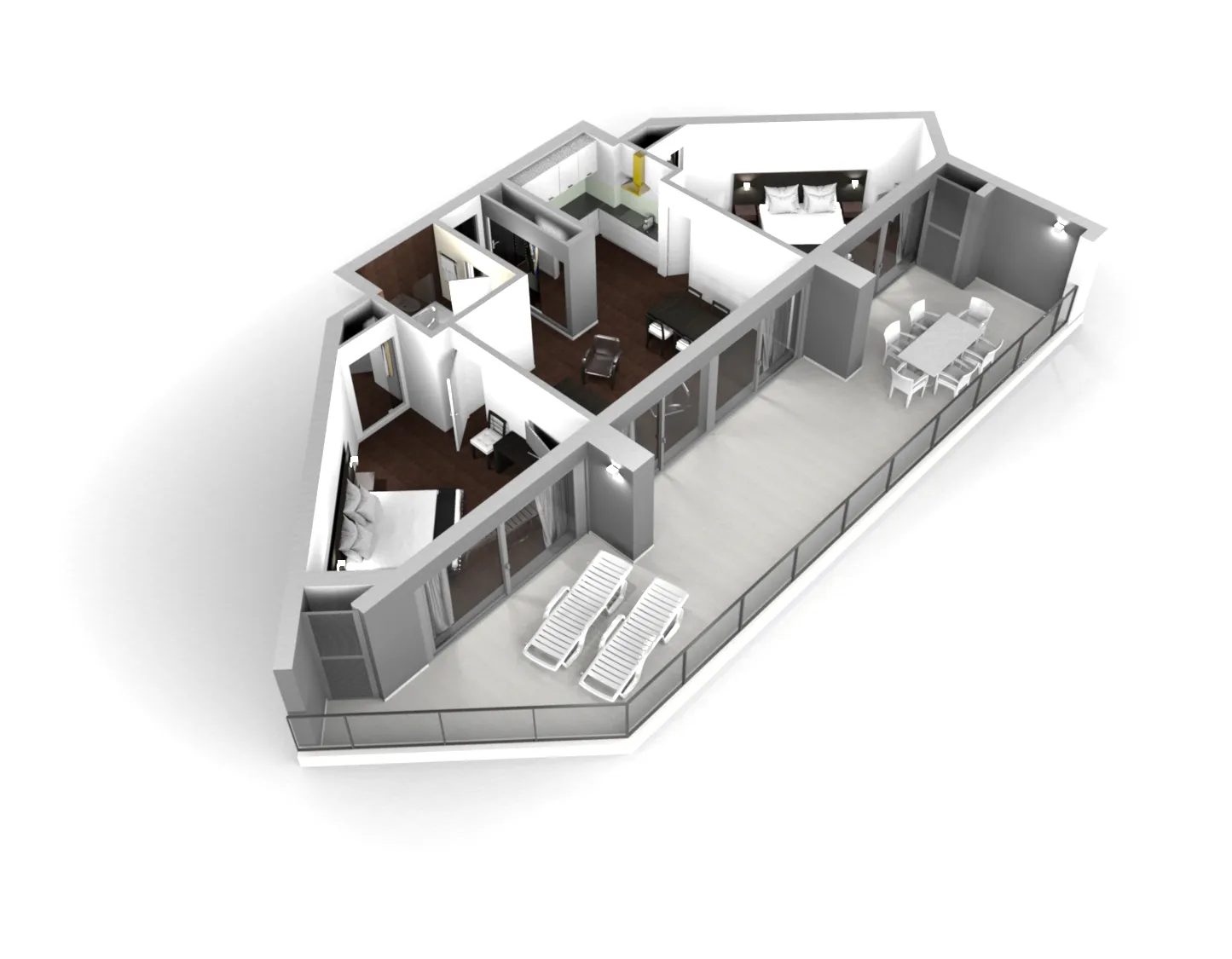 Planta 3D da Suite Club do Alvor Baía mostrando a disposição do espaço, incluindo os dois quartos com camal de casal, a sala de estar mobiliada com kitchenette, a casa de banho e a varanda.